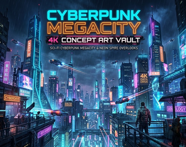 Sci-Fi Cyberpunk Megacity & Neon Spire Overlooks 4K Concept Art Vault