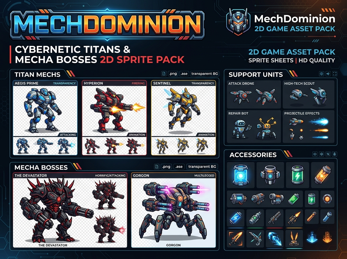 MechDominion: Cybernetic Titans & Mecha Bosses 2D Sprite Pack
